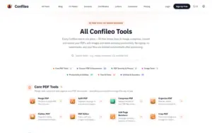 Confileo tools hub showing multiple PDF, document, image, and utility tools