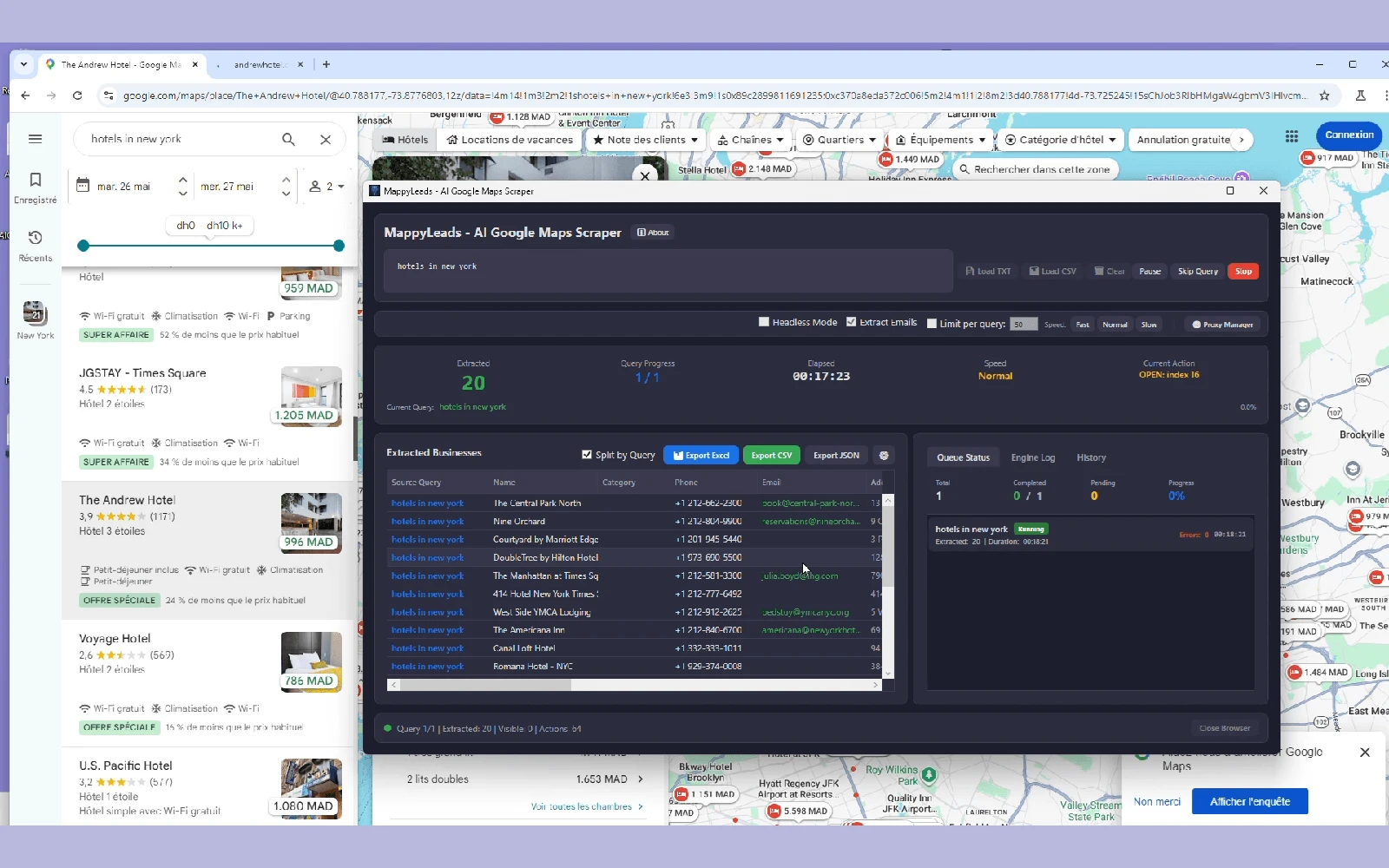Scrape business leads from Google Maps by search query with real-time progress tracking.