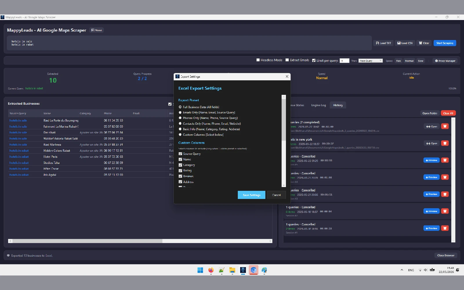 Choose exactly which fields to export — full data, emails only, phones only, or custom columns.