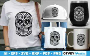 T-shirt, cap, tumbler, tote and mug mockup of the sugar skull design of Free Halloween Clipart Bundle
