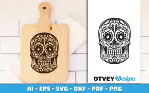 Cutting board mockup of the sugar skull design of Free Halloween Clipart Bundle