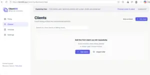 ClientBill client management screen showing saved client billing profiles and details