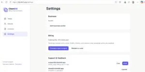 ClientBill settings screen for configuring billing, invoice, and account preferences
