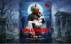 ree Halloween party flyer template showing a pumpkin-headed groom carrying a ghostly bride in a moonlit graveyard, with red “Halloween Party Night” text.
