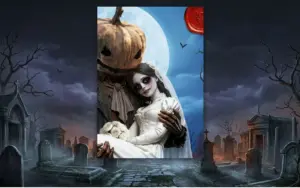 Close-up of a Halloween flyer template with a pumpkin-headed figure holding a pale bride with dark eye makeup and a stitched smile, under a full moon.