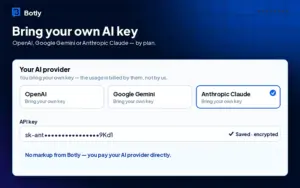 Connect your own AI provider key using Botly AI chatbot for customer support
