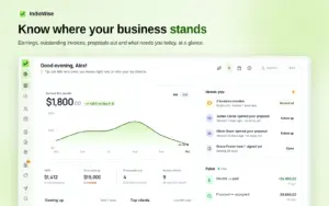 Track earnings and outstanding invoices on the dashboard with Indiewise freelancer CRM
