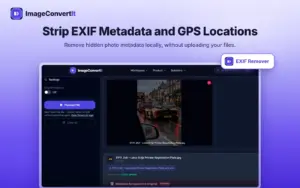 Remove EXIF metadata and GPS location from photos on your device using ImageConvertIt ecommerce image editor