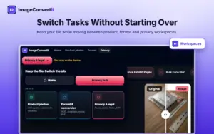 Switch between product photo, format and privacy workspaces without re-uploading using ImageConvertIt ecommerce image editor
