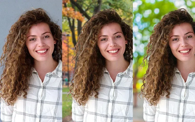 A woman's portrait shown with three different backgrounds—original, autumn park, and bright greenery.