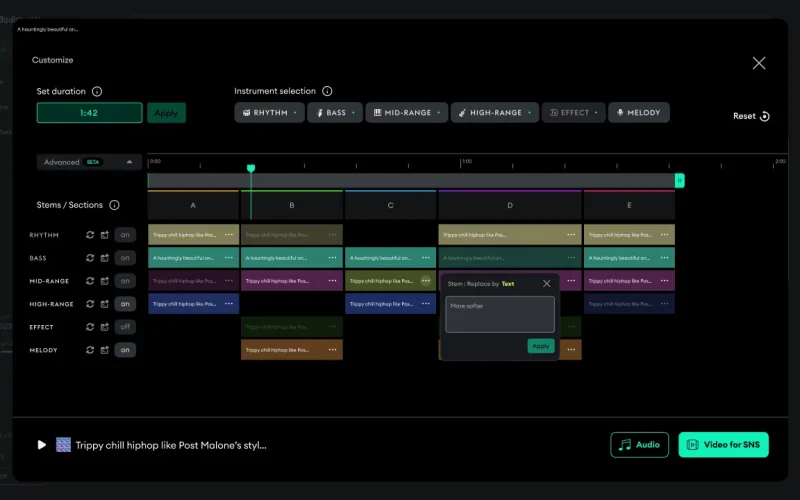 Preview of MixAudio - Multimodal AI music generator - Customization feature