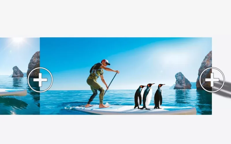 Before-and-after image showing a paddleboarder first alone, then with penguins added, alongside the extracted penguin cutouts using CutOut 11 Professional.