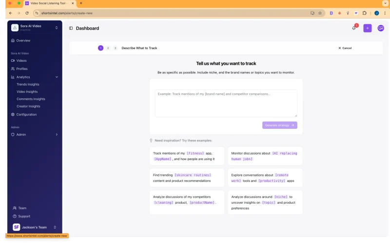 Dashboard page for creating a new alert, prompting the user to describe what to track with examples.