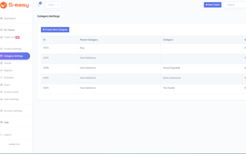 S-easy Helpdesk Ticketing System - Category Settings Page interface