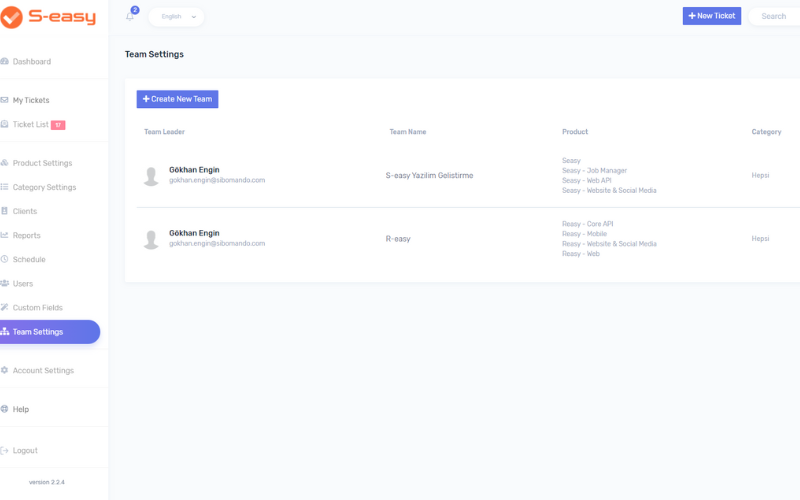 Team Settings UI displaying team members accounts and features of the UI
